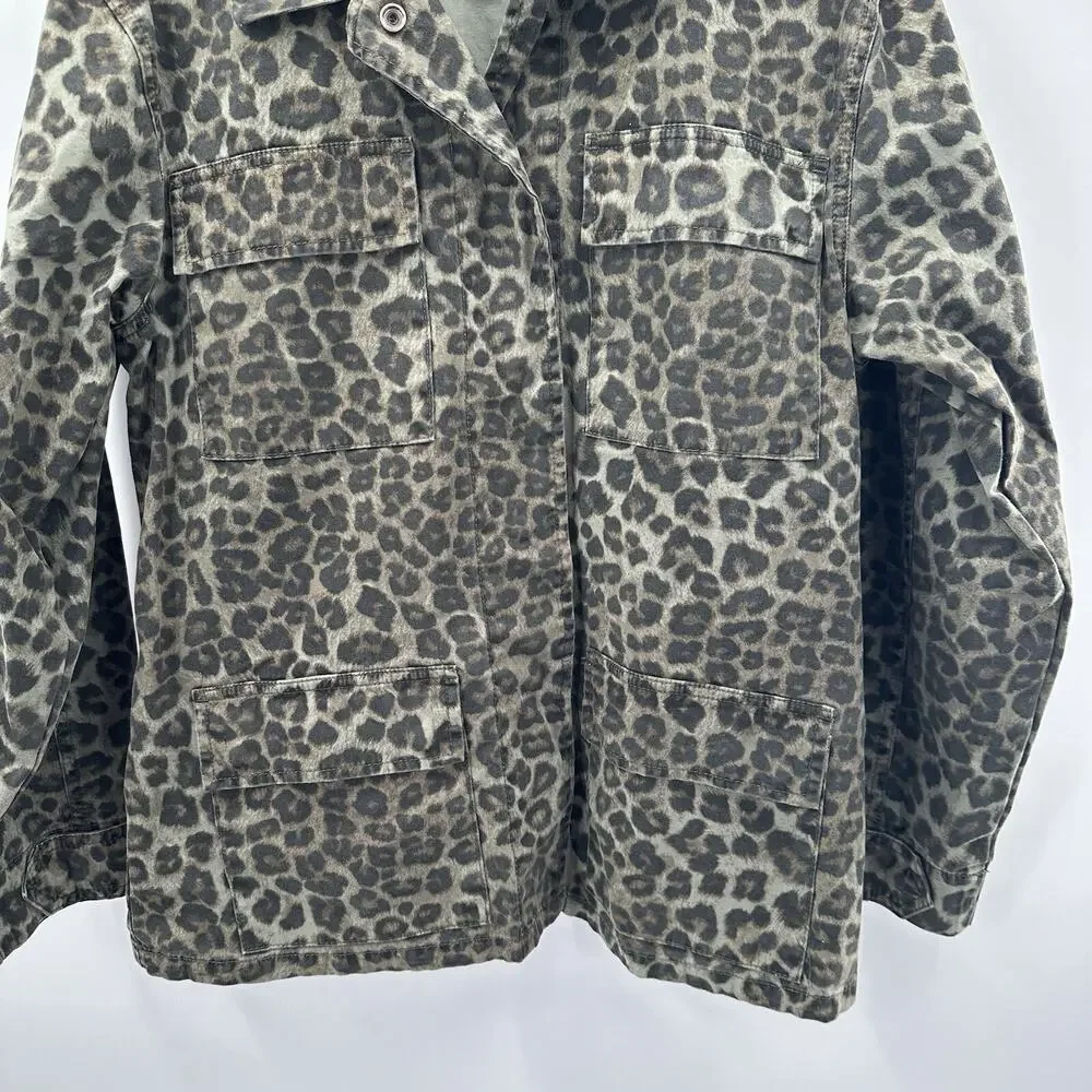 Good American Jacket Womens Medium‎ Green Utility Leopard Pockets Snap Boxy - Picture 3 of 11